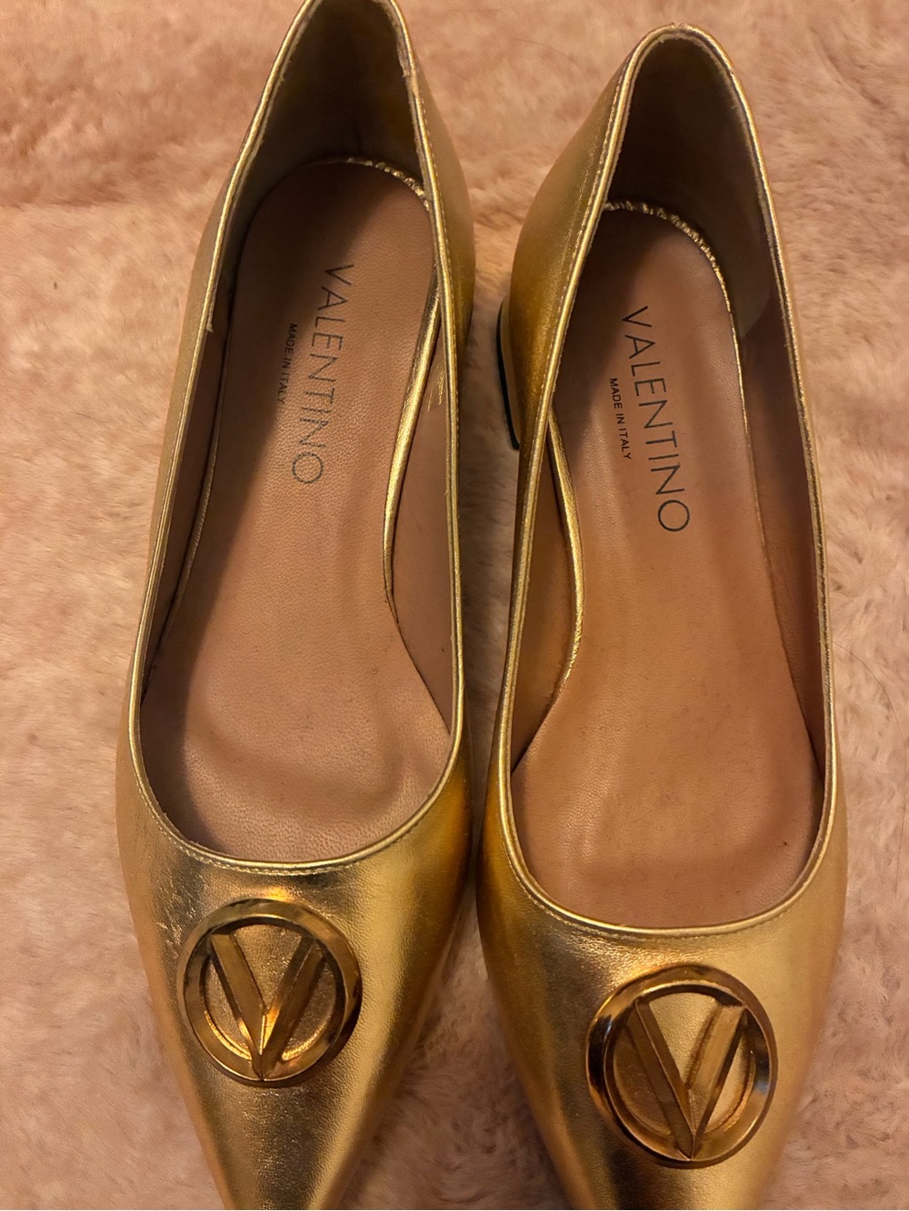 Valentino Metallic Gold Pointed Ballet Flats with V Emblem